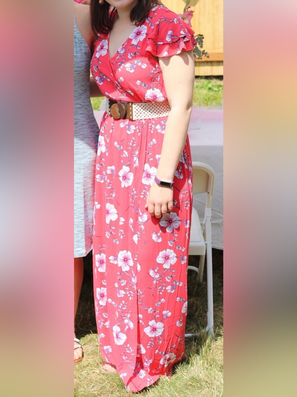 one clothing Pink Orange Floral Wrap Maxi Dress with Puff Sleeves Size M